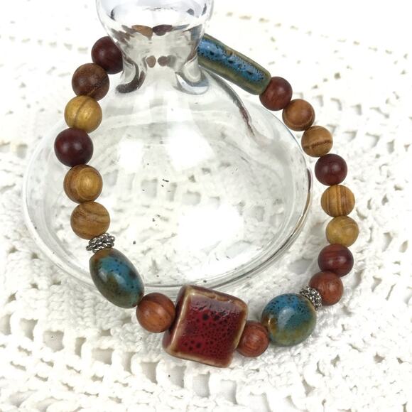 Stone Wood Stretch Bracelet Silver Accents - Picture 1 of 2